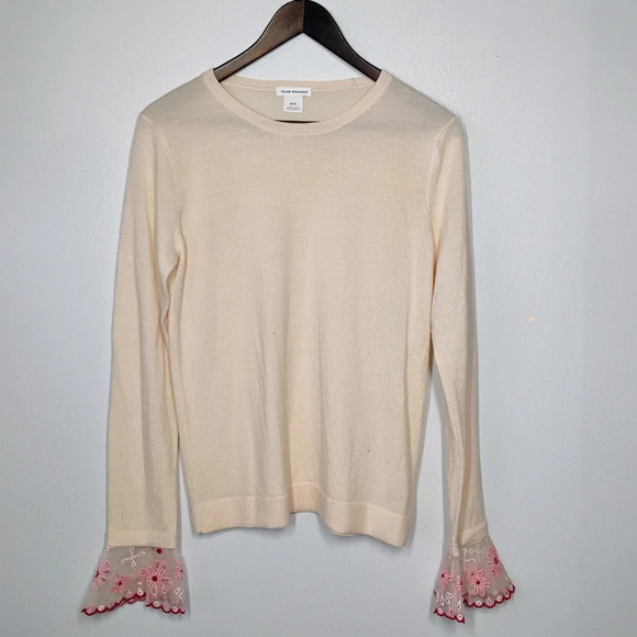 Club Monaco Merino Wool Pink Sweater Floral Eyelet Wrist Cuffs Coquette Medium - Picture 1 of 14